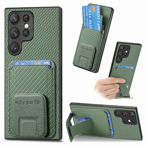 Samsung Galaxy S24 Ultra 5G Carbon Fiber Card Bag Fold Stand Phone Case - Green