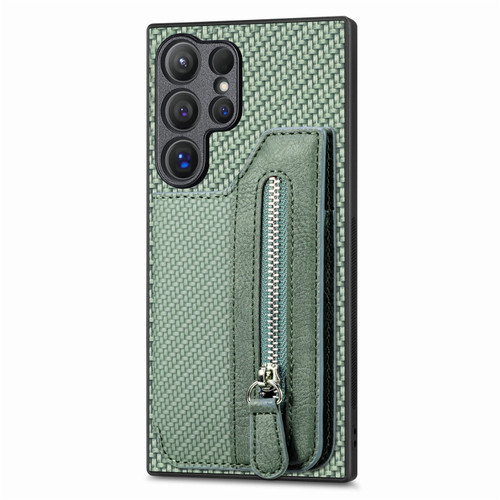 Samsung Galaxy S24 Ultra 5G Carbon Fiber Horizontal Flip Zipper Wallet Phone Case - Green
