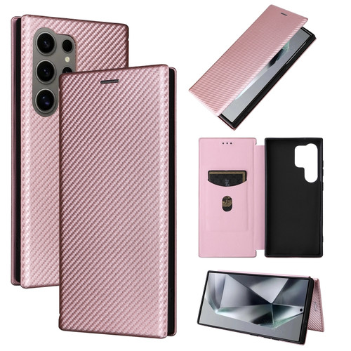 Samsung Galaxy S24 Ultra 5G Carbon Fiber Texture Flip Leather Phone Case - Pink