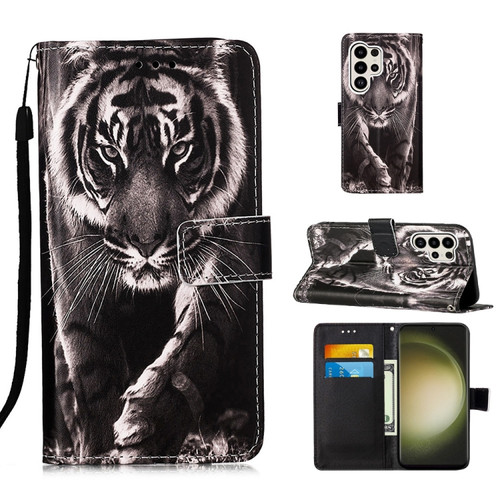 Samsung Galaxy S24 Ultra 5G Colored Drawing Pattern Plain Weave Leather Phone Case - Black And White Tiger