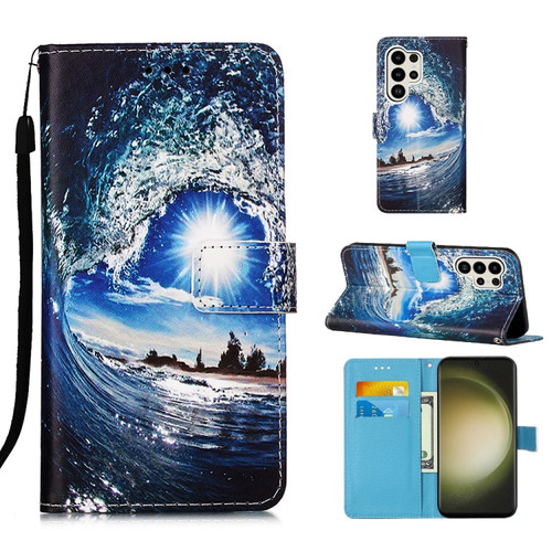 Samsung Galaxy S24 Ultra 5G Colored Drawing Pattern Plain Weave Leather Phone Case - Waves And Sun