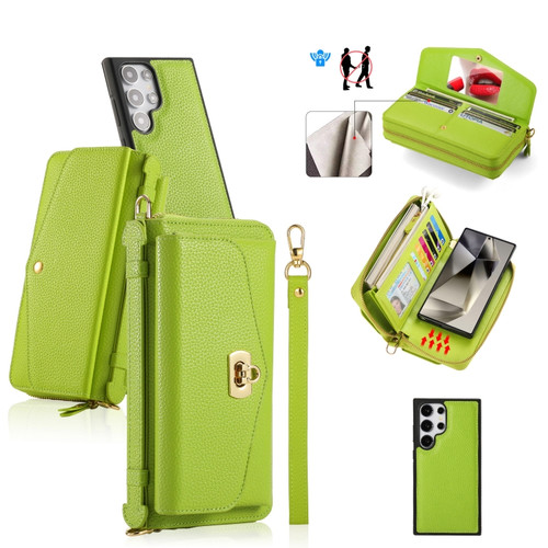 Samsung Galaxy S24 Ultra 5G Crossbody Multi-functional Zipper Wallet Litchi Leather Phone Case - Green