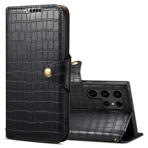 Samsung Galaxy S24 Ultra 5G Denior Crocodile Texture Oil Edge Leather Phone Case - Black