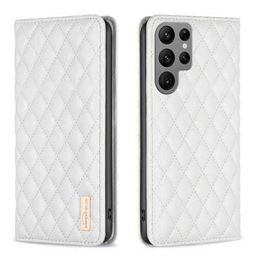 Samsung Galaxy S24 Ultra 5G Diamond Lattice Magnetic Leather Flip Phone Case - White