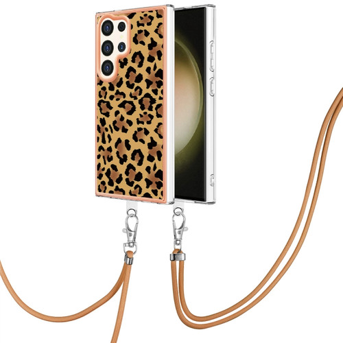 Samsung Galaxy S24 Ultra 5G Electroplating Dual-side IMD Phone Case with Lanyard - Leopard Print