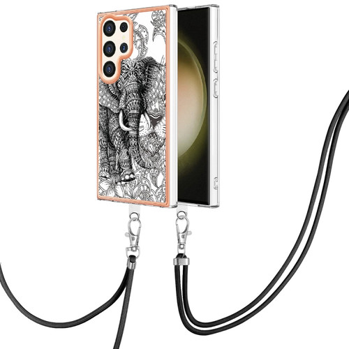 Samsung Galaxy S24 Ultra 5G Electroplating Dual-side IMD Phone Case with Lanyard - Totem Elephant