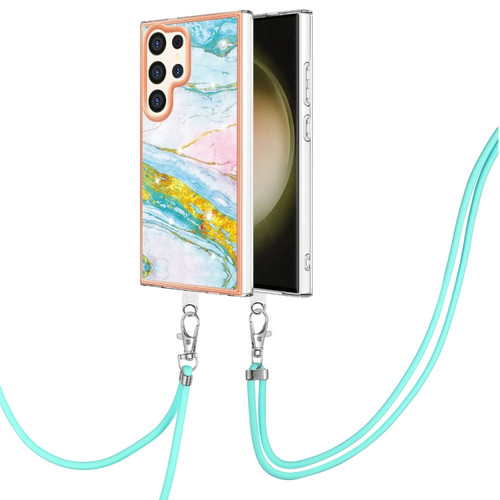 Samsung Galaxy S24 Ultra 5G Electroplating Marble Dual-side IMD Phone Case with Lanyard - Green 004