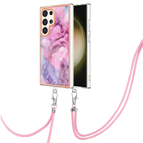 Samsung Galaxy S24 Ultra 5G Electroplating Marble Dual-side IMD Phone Case with Lanyard - Pink 013