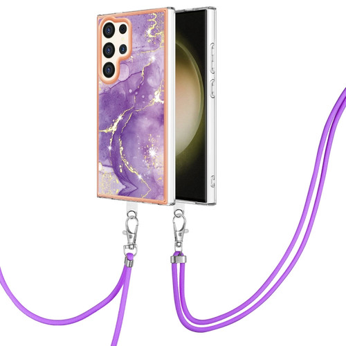 Samsung Galaxy S24 Ultra 5G Electroplating Marble Dual-side IMD Phone Case with Lanyard - Purple 002