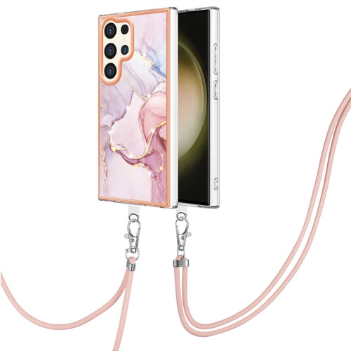 Samsung Galaxy S24 Ultra 5G Electroplating Marble Dual-side IMD Phone Case with Lanyard - Rose Gold 005