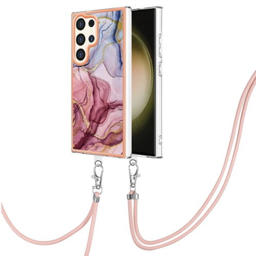Samsung Galaxy S24 Ultra 5G Electroplating Marble Dual-side IMD Phone Case with Lanyard - Rose Red 014