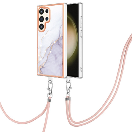 Samsung Galaxy S24 Ultra 5G Electroplating Marble Dual-side IMD Phone Case with Lanyard - White 006