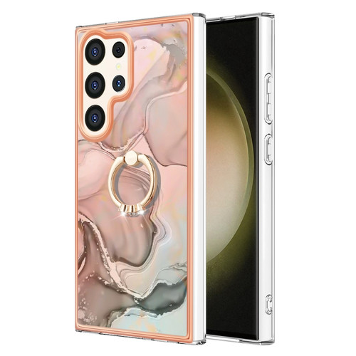 Samsung Galaxy S24 Ultra 5G Electroplating Marble Dual-side IMD Phone Case with Ring - Rose Gold 015