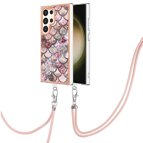 Samsung Galaxy S24 Ultra 5G Electroplating Pattern IMD TPU Shockproof Case with Neck Lanyard - Pink Scales