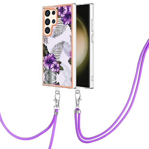 Samsung Galaxy S24 Ultra 5G Electroplating Pattern IMD TPU Shockproof Case with Neck Lanyard - Purple Flower