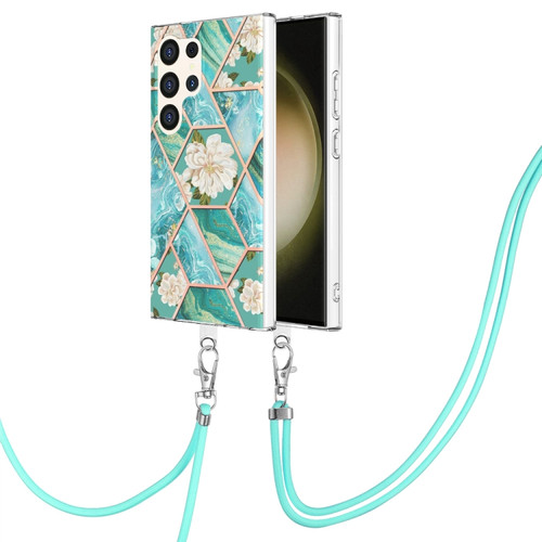 Samsung Galaxy S24 Ultra 5G Electroplating Splicing Marble Flower IMD TPU Phone Case with Lanyard - Blue Flower