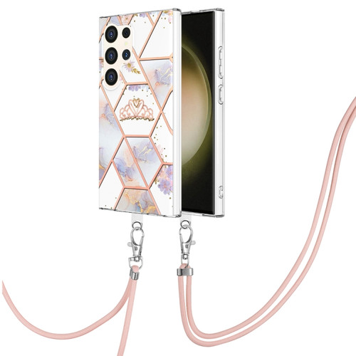 Samsung Galaxy S24 Ultra 5G Electroplating Splicing Marble Flower IMD TPU Phone Case with Lanyard - Crown