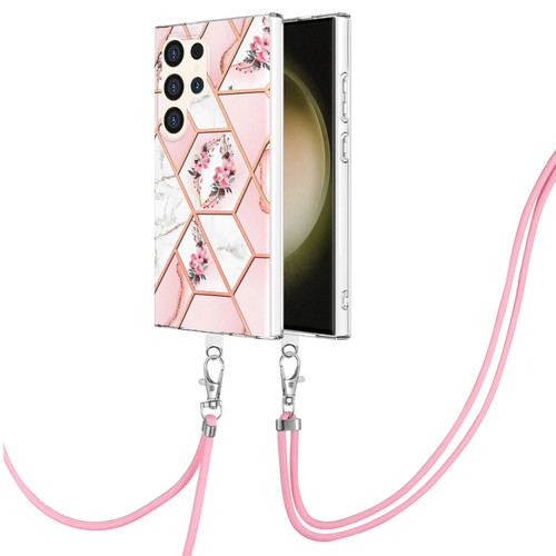 Samsung Galaxy S24 Ultra 5G Electroplating Splicing Marble Flower IMD TPU Phone Case with Lanyard - Pink Flower