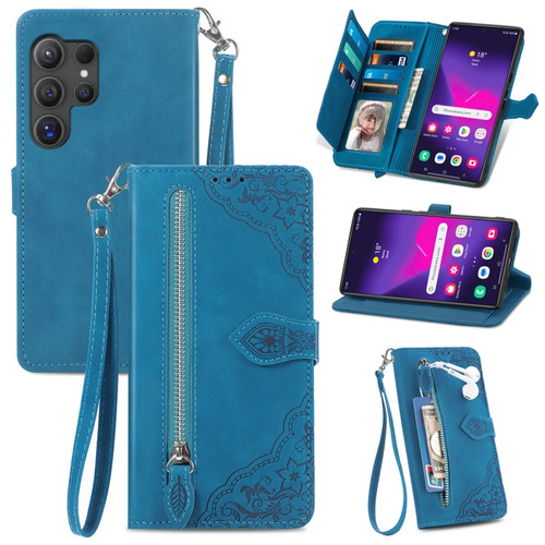 Samsung Galaxy S24 Ultra 5G Embossed Flower Zipper Leather Phone Case - Blue