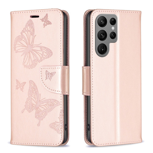 Samsung Galaxy S24 Ultra 5G Embossing Two Butterflies Pattern Leather Phone Case - Rose Gold