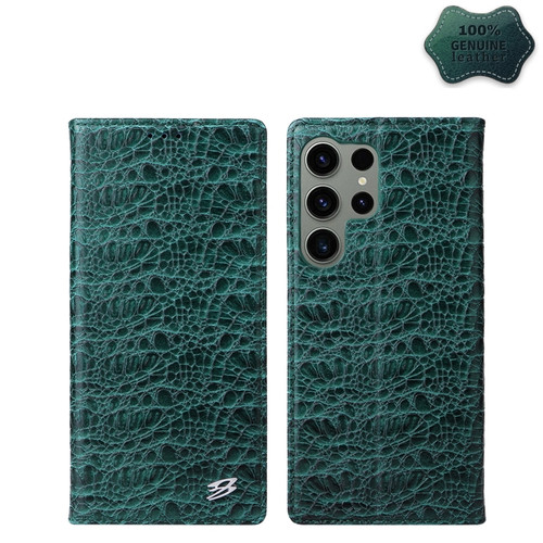 Samsung Galaxy S24 Ultra 5G Fierre Shann Crocodile Texture Magnetic Genuine Leather Phone Case - Green