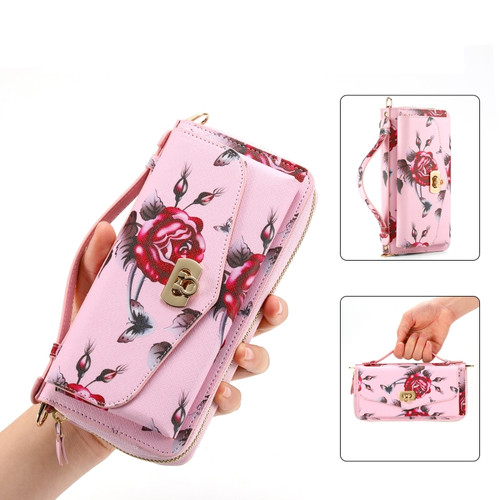 Samsung Galaxy S24 Ultra 5G Flower Multi-functional Crossbody Zipper Wallet Leather Phone Case - Pink