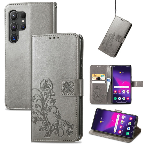 Samsung Galaxy S24 Ultra 5G Four-leaf Clasp Embossed Buckle Leather Phone Case - Gray