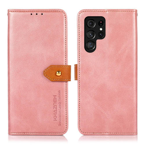 Samsung Galaxy S24 Ultra 5G KHAZNEH Dual-color Cowhide Texture Flip Leather Phone Case - Rose Gold