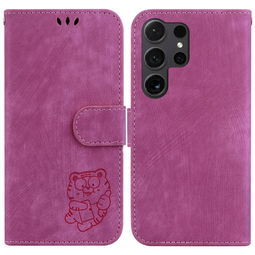 Samsung Galaxy S24 Ultra 5G Little Tiger Embossed Leather Phone Case - Rose Red