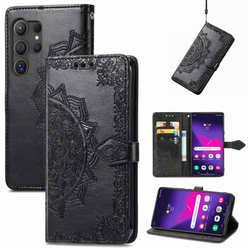Samsung Galaxy S24 Ultra 5G Mandala Flower Embossed Leather Phone Case - Black
