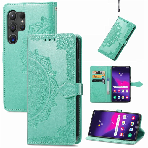 Samsung Galaxy S24 Ultra 5G Mandala Flower Embossed Leather Phone Case - Green