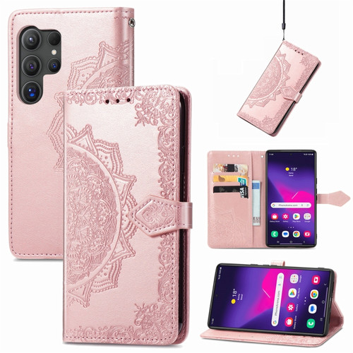 Samsung Galaxy S24 Ultra 5G Mandala Flower Embossed Leather Phone Case - Rose Gold