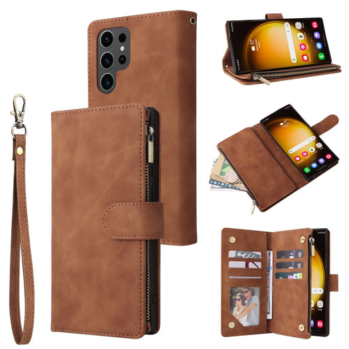 Samsung Galaxy S24 Ultra 5G Multifunctional Frosted Zipper Wallet Leather Phone Case - Brown
