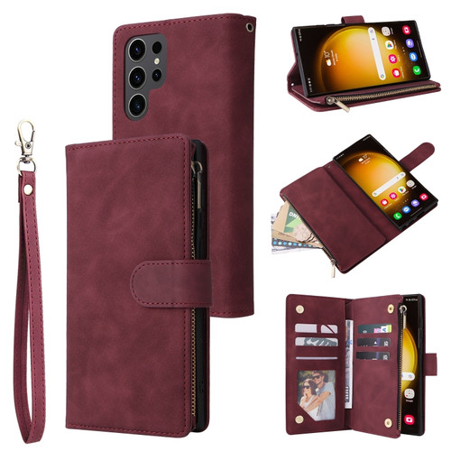 Samsung Galaxy S24 Ultra 5G Multifunctional Frosted Zipper Wallet Leather Phone Case - Wine Red
