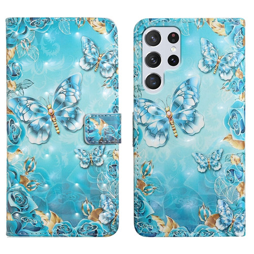 Samsung Galaxy S24 Ultra 5G Oil Embossed 3D Drawing Leather Phone Case - Blue Butterflies