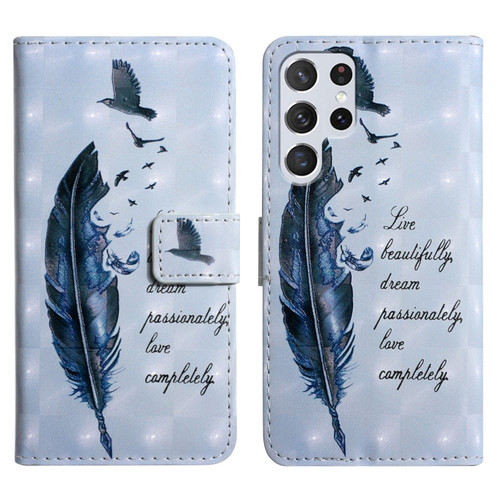Samsung Galaxy S24 Ultra 5G Oil Embossed 3D Drawing Leather Phone Case - Blue Feather