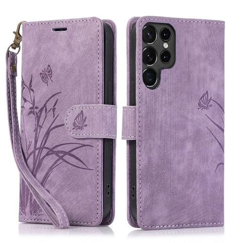 Samsung Galaxy S24 Ultra 5G Orchid Butterfly Embossed Leather Phone Case - Purple