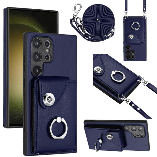 Samsung Galaxy S24 Ultra 5G Organ Card Bag Ring Holder Phone Case with Long Lanyard - Blue