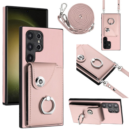 Samsung Galaxy S24 Ultra 5G Organ Card Bag Ring Holder Phone Case with Long Lanyard - Pink