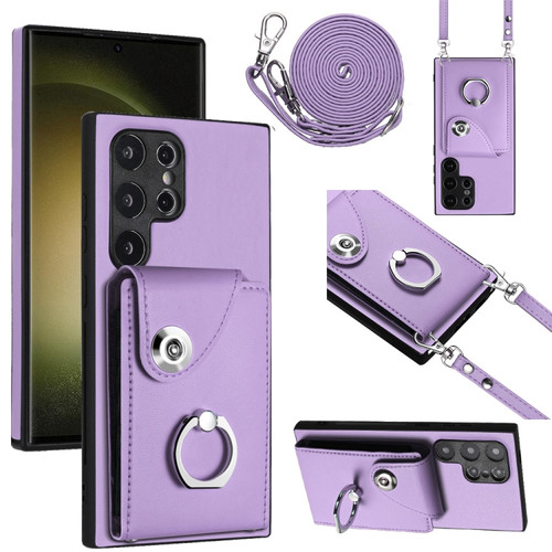 Samsung Galaxy S24 Ultra 5G Organ Card Bag Ring Holder Phone Case with Long Lanyard - Purple