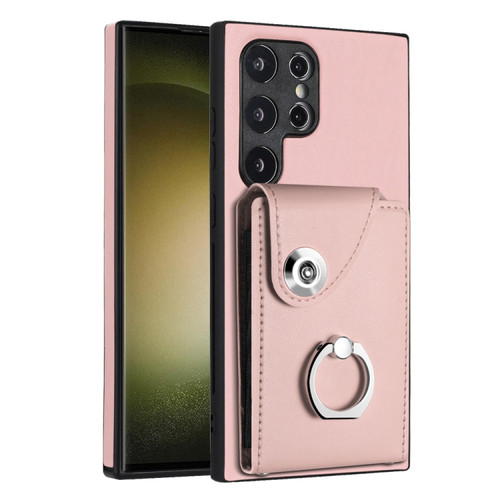 Samsung Galaxy S24 Ultra 5G Organ Card Bag Ring Holder PU Phone Case - Pink
