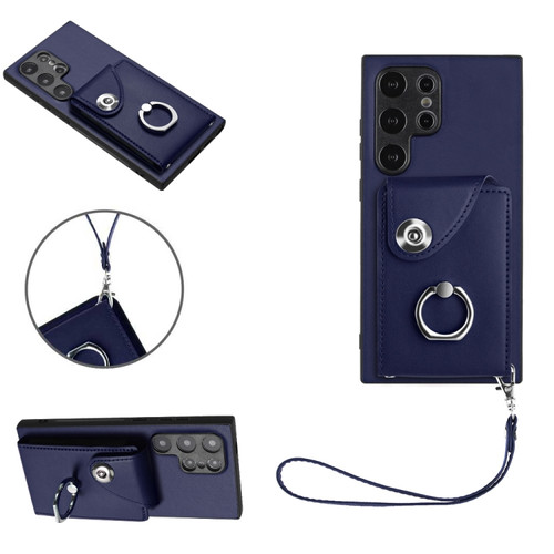 Samsung Galaxy S24 Ultra 5G Organ Card Bag Ring Holder PU Phone Case with Lanyard - Blue