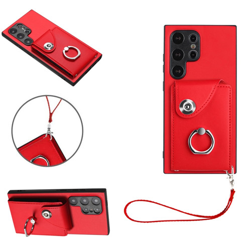 Samsung Galaxy S24 Ultra 5G Organ Card Bag Ring Holder PU Phone Case with Lanyard - Red