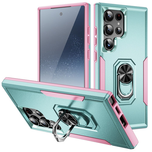 Samsung Galaxy S24 Ultra 5G Pioneer Armor Heavy Duty PC + TPU Phone Case with Holder - Green+Pink