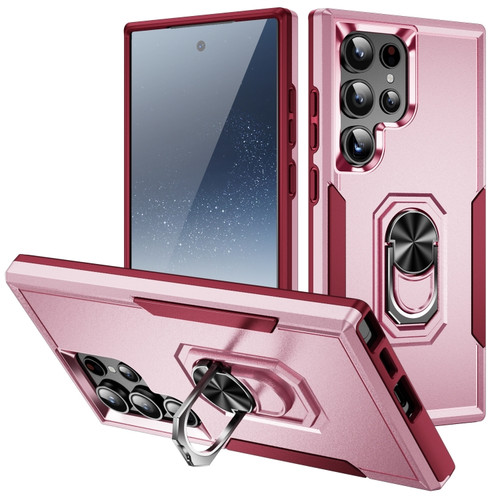 Samsung Galaxy S24 Ultra 5G Pioneer Armor Heavy Duty PC + TPU Phone Case with Holder - Pink+Rose Red