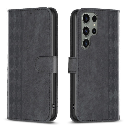 Samsung Galaxy S24 Ultra 5G Plaid Embossed Leather Phone Case - Black