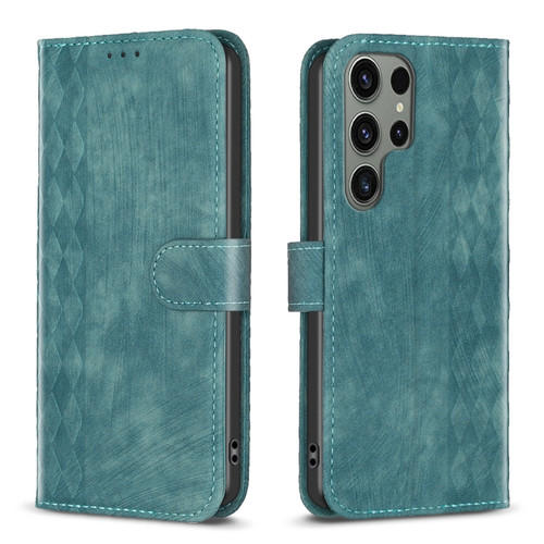 Samsung Galaxy S24 Ultra 5G Plaid Embossed Leather Phone Case - Green