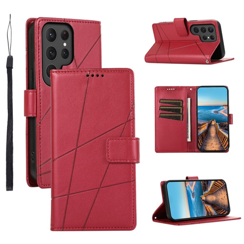 Samsung Galaxy S24 Ultra 5G PU Genuine Leather Texture Embossed Line Phone Case - Red