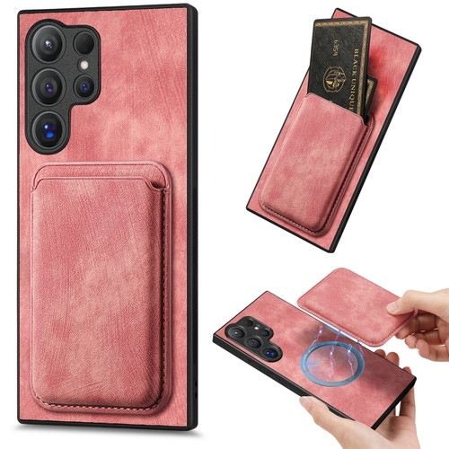 Samsung Galaxy S24 Ultra 5G Retro Leather Card Bag Magnetic Phone Case - Pink