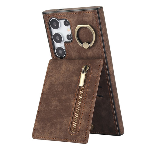 Samsung Galaxy S24 Ultra 5G Retro Ring and Zipper RFID Card Slot Phone Case - Brown